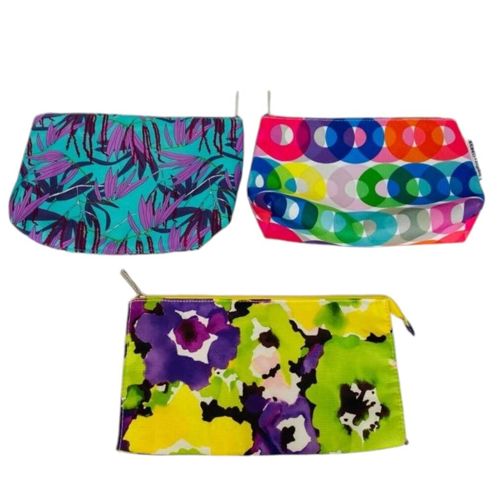 Clinique Cosmetic Make-up Toiletries Travel Pouch Case Zip Bag Retro Floral 3 pc